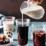 Bubble Milk Tea Calories shown through three different drinks, including one with tapioca pearls and another being mixed with milk