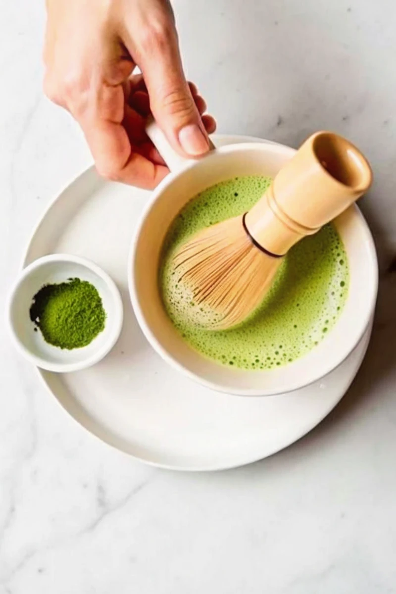 Whisking matcha green tea with coconut milk using a bamboo chasen