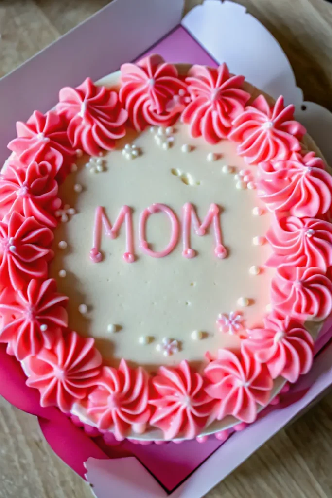 Pink and white bento cakes with frosting that says "Mom" for Mother's Day