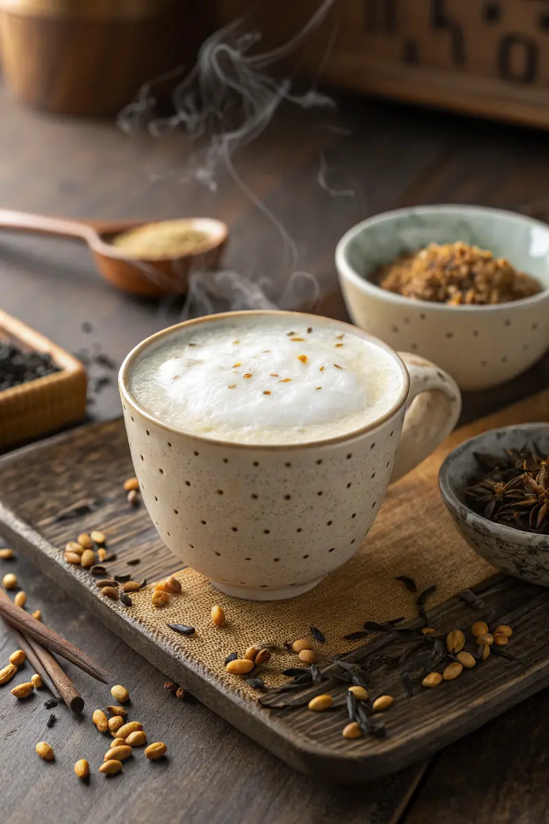 Genmaicha Milk Tea served in a Japanese tea cup