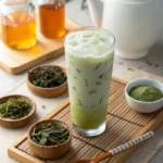 Glass of iced green milk tea with visible tea leaves, served on a bamboo tray surrounded by loose green tea and brewed tea