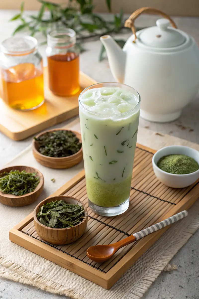 Glass of iced green milk tea with visible tea leaves, served on a bamboo tray surrounded by loose green tea and brewed tea