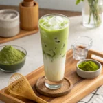 Iced matcha milk tea with oat milk on wooden tray and whisk