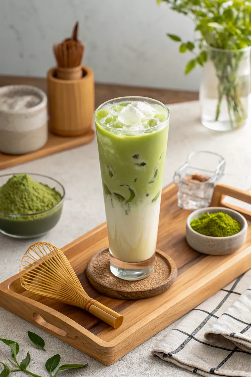 Iced matcha milk tea with oat milk on wooden tray and whisk