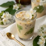 Jasmine milk tea in glass with jasmine flowers