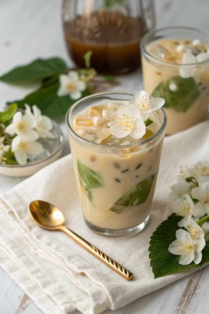 Jasmine milk tea in glass with jasmine flowers