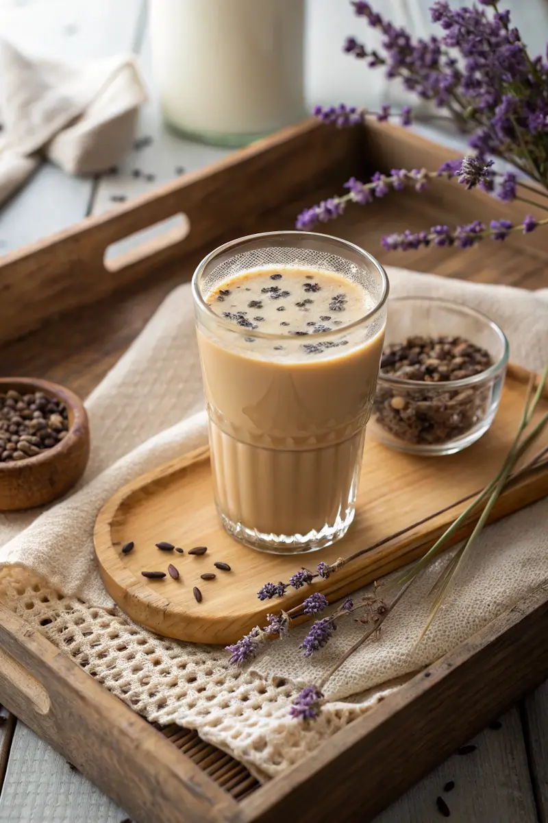 Lavender milk tea in a clear glass with dried lavender