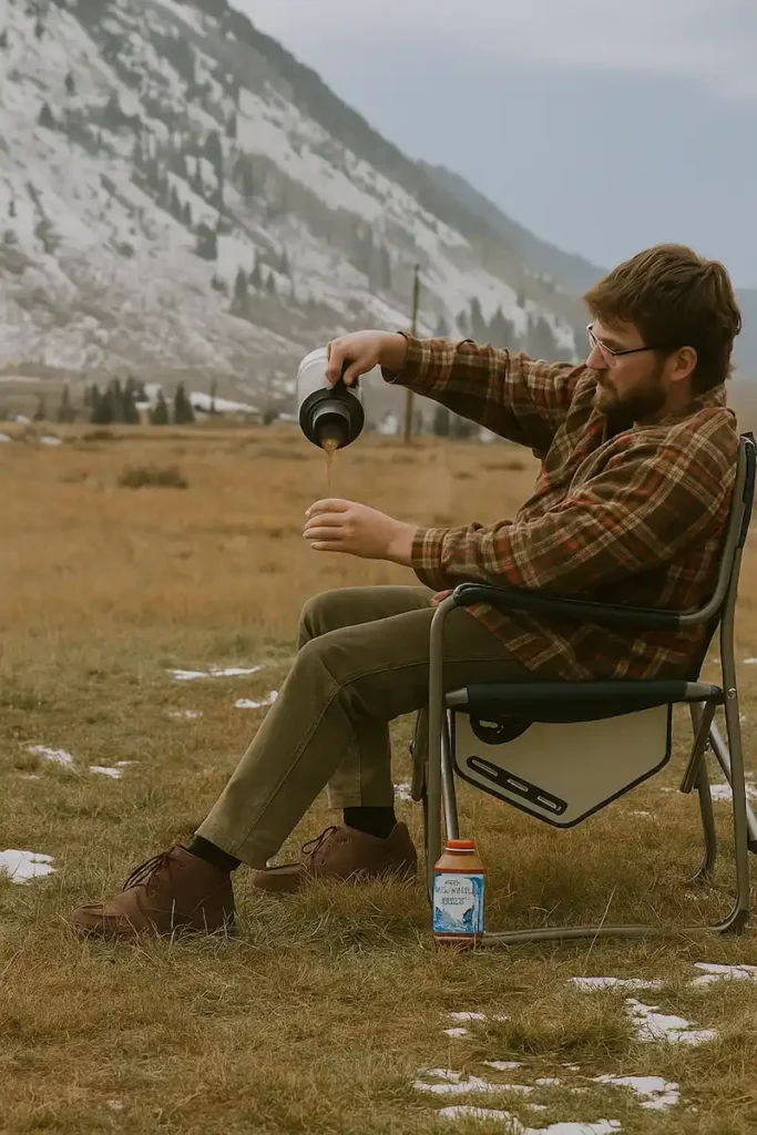 Man enjoying milk tea outdoors in a mountain setting, illustrating milk tea calories in everyday moments