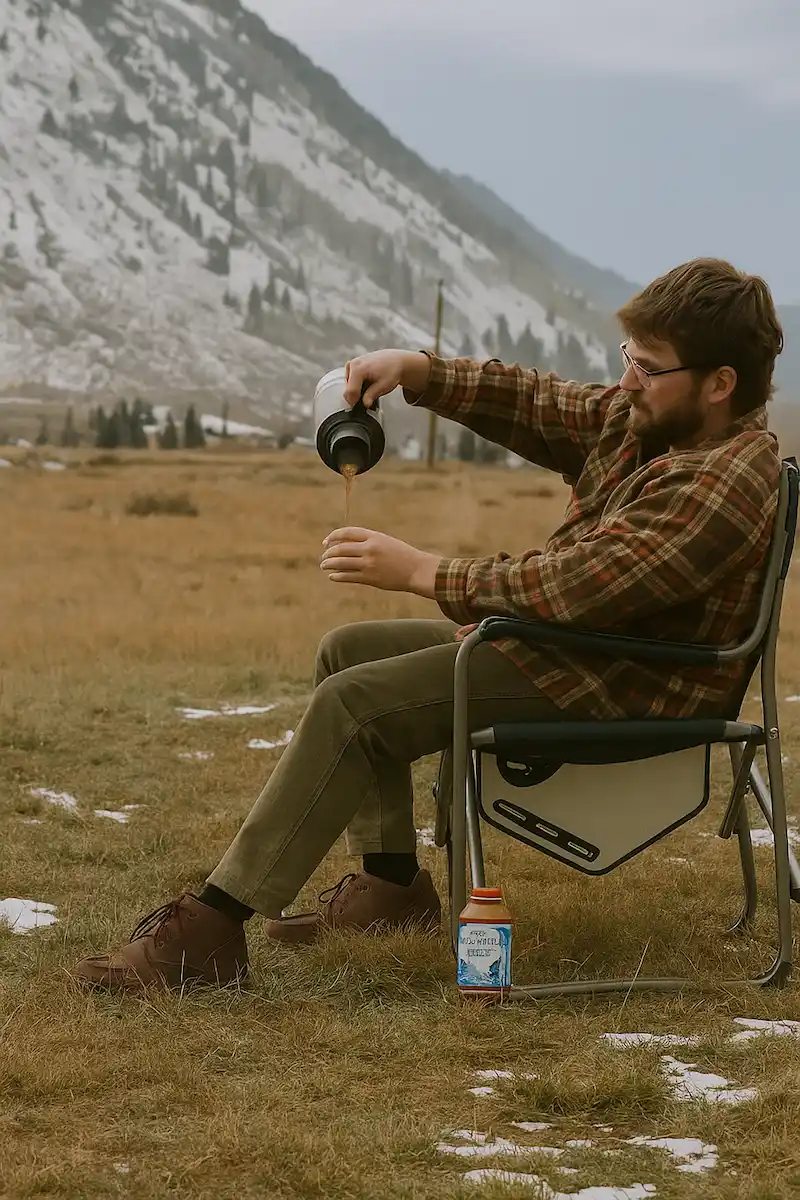 Man enjoying milk tea outdoors in a mountain setting, illustrating milk tea calories in everyday moments