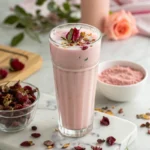 Rose milk tea in a clear glass with rose petal garnish