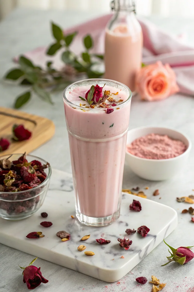 Rose milk tea in a clear glass with rose petal garnish