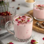 Rose tea milk in elegant glass with rose petals
