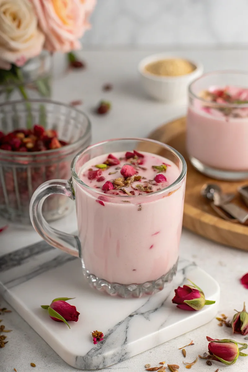 Rose tea milk in elegant glass with rose petals
