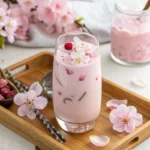 Elegant glass of sakura rose milk tea with cherry blossoms and rose petals