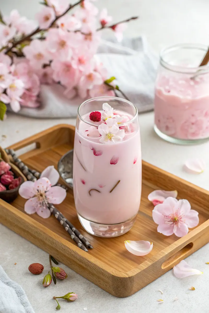 Elegant glass of sakura rose milk tea with cherry blossoms and rose petals