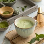 Sencha Milk Tea in ceramic cup with fresh leaves