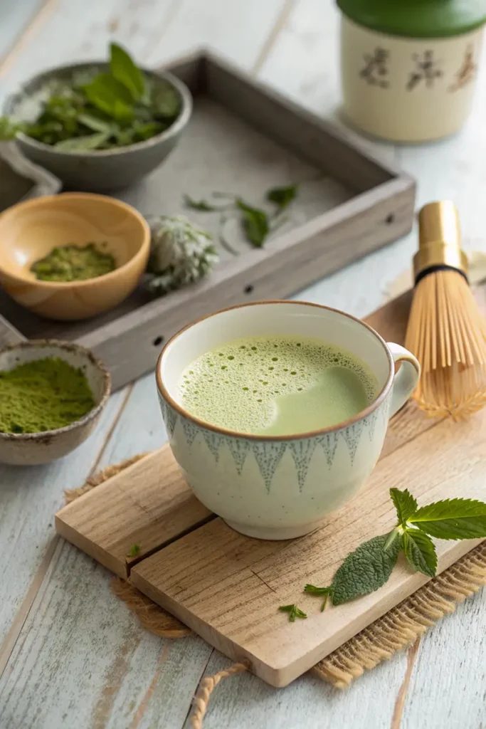 Sencha Milk Tea in ceramic cup with fresh leaves