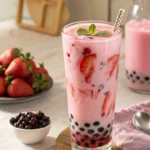 Strawberry milk tea boba with tapioca pearls in a clear glass