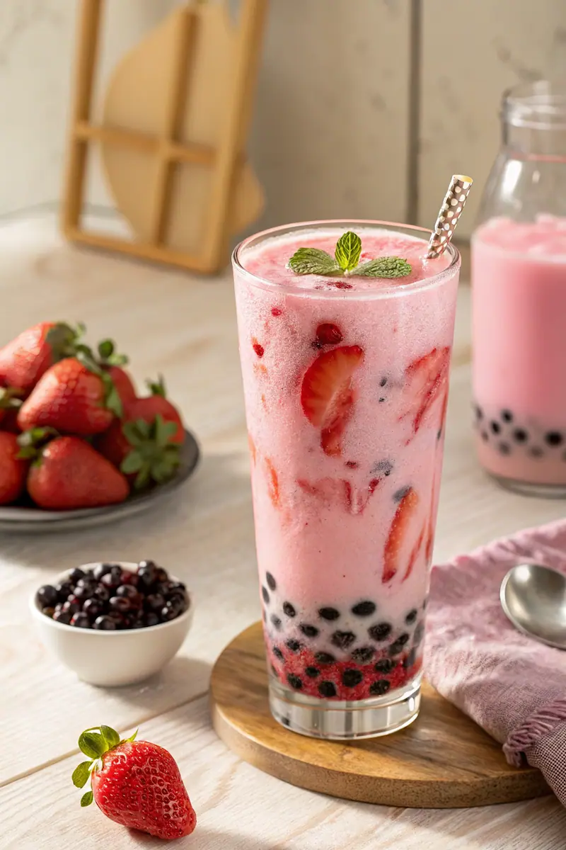 Strawberry milk tea boba with tapioca pearls in a clear glass