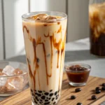 Tiger milk tea with brown sugar syrup and boba in glass