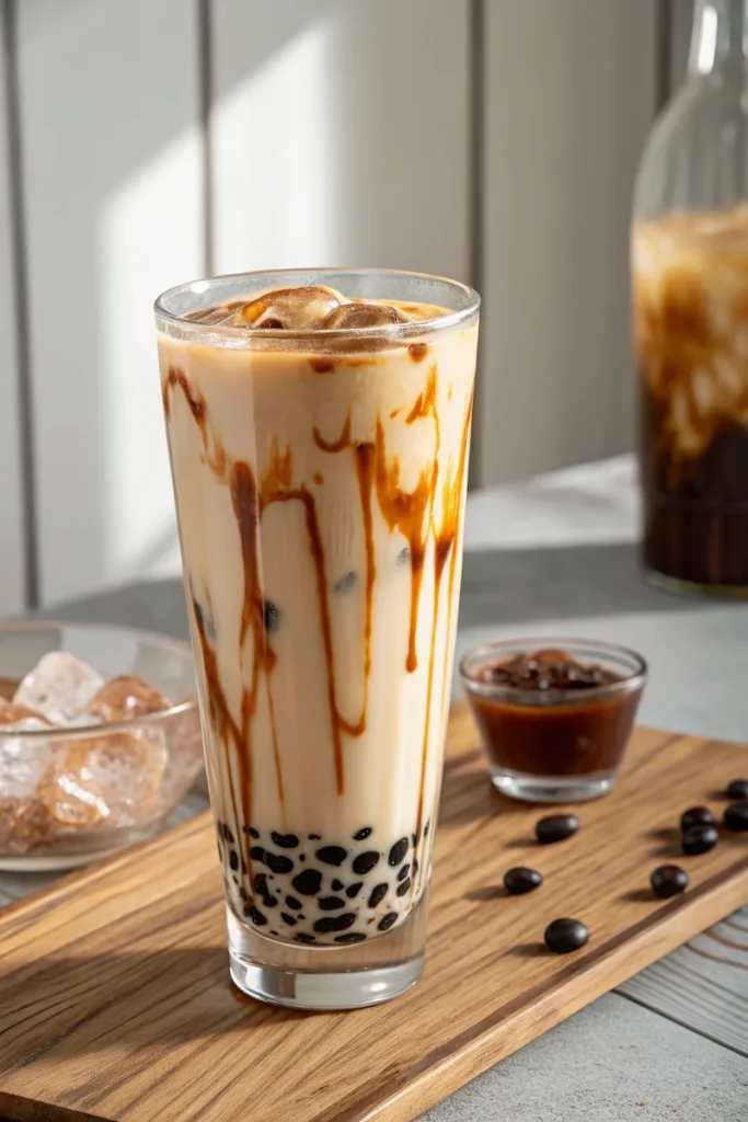 Tiger milk tea with brown sugar syrup and boba in glass
