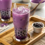 Ube milk tea with vibrant purple color and boba
