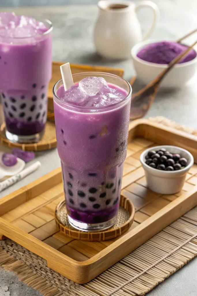Ube milk tea with vibrant purple color and boba