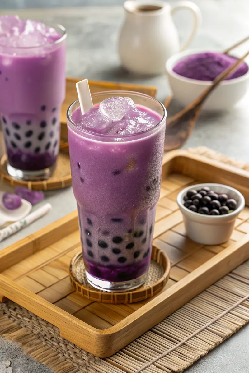 Ube milk tea with vibrant purple color and boba