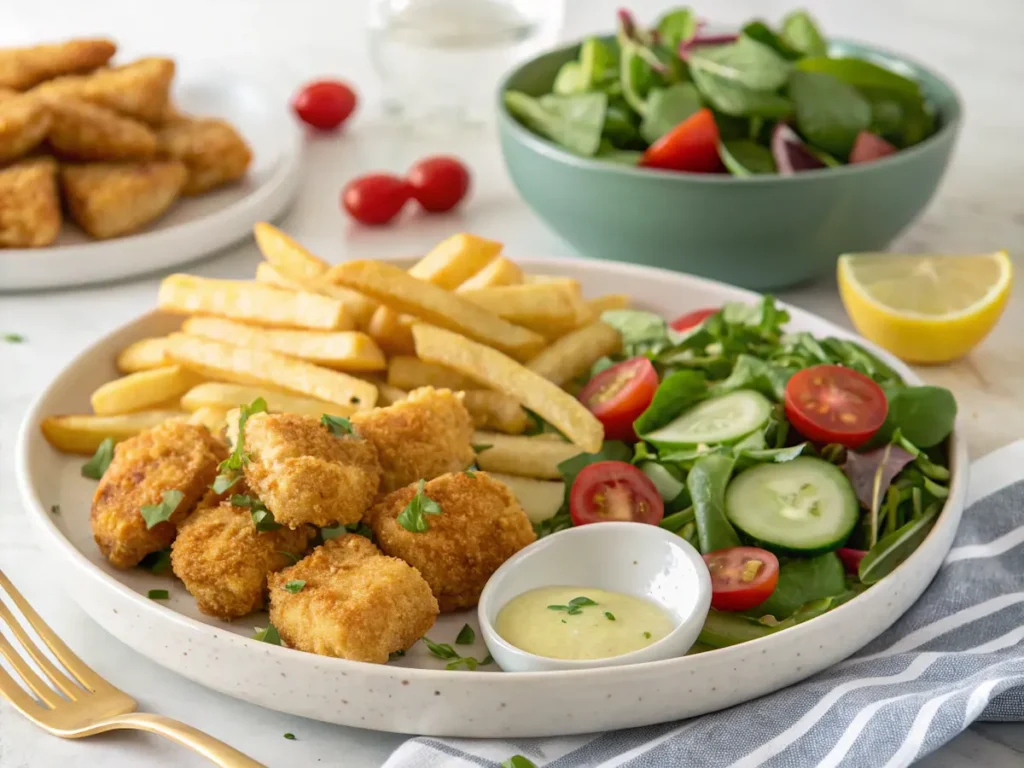 Air Fryer Catfish Nuggets: Crispy, Juicy, and Easy Every Time 7 Air fryer catfish nuggets served with fries, garden salad, and dipping sauce