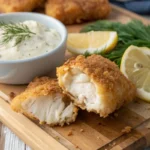 Crispy air fryer catfish nuggets served with tartar sauce and lemon wedges