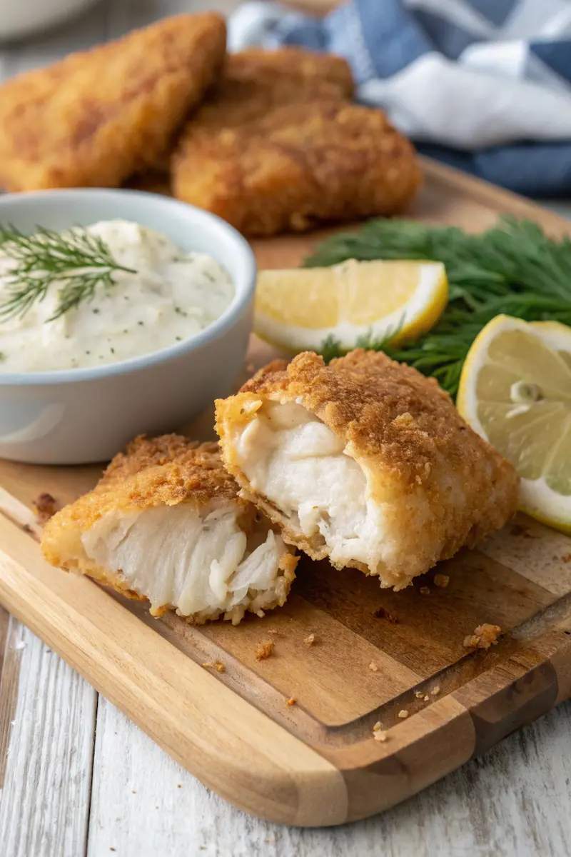 Crispy air fryer catfish nuggets served with tartar sauce and lemon wedges
