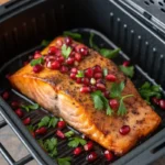 air fryer pomegranate-glazed salmon cooked close-up