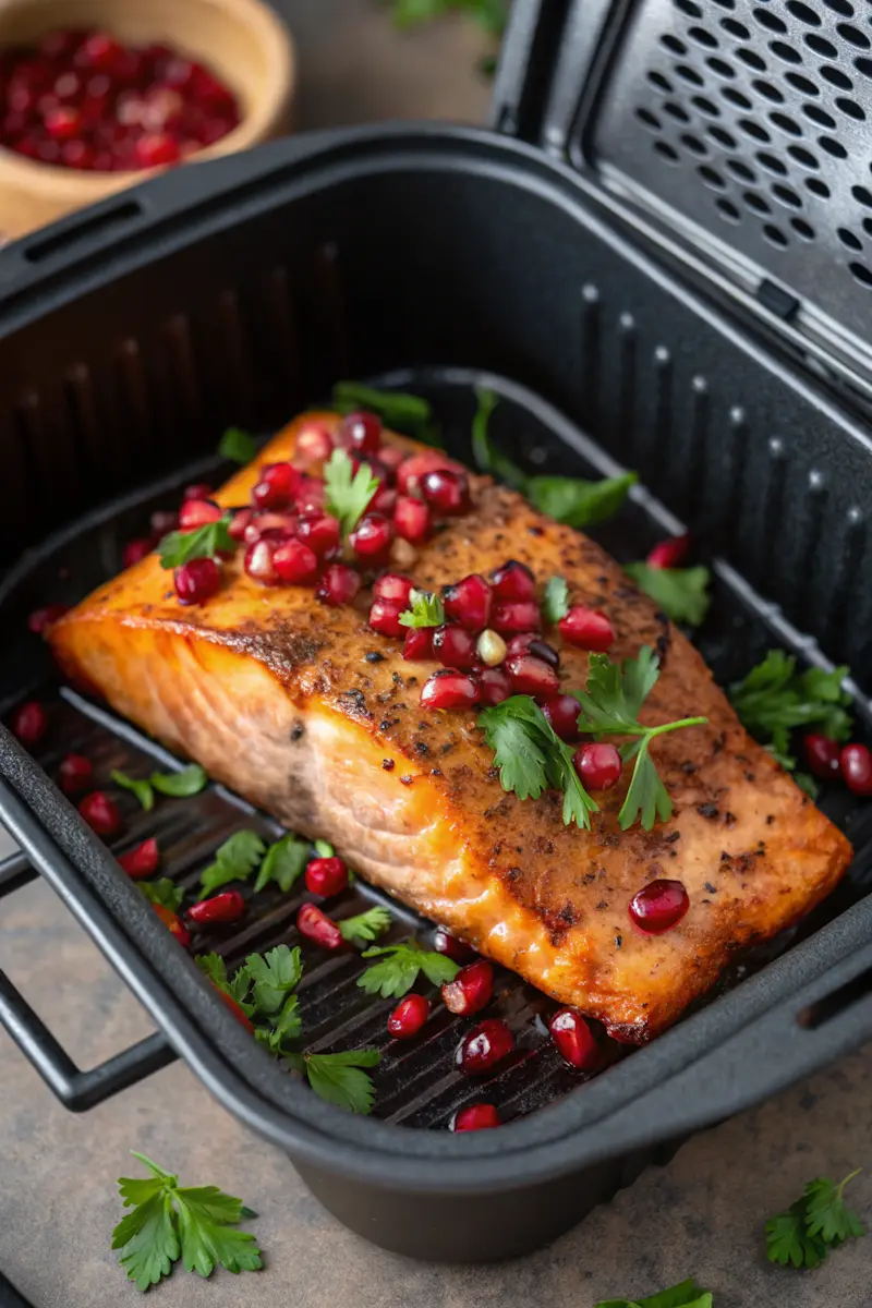 air fryer pomegranate-glazed salmon cooked close-up