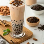 Almond milk boba tea in tall glass with tapioca pearls