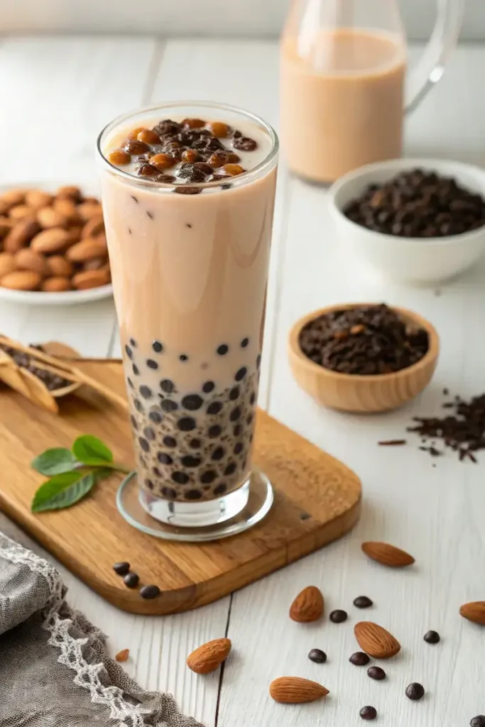 Almond milk boba tea in tall glass with tapioca pearls