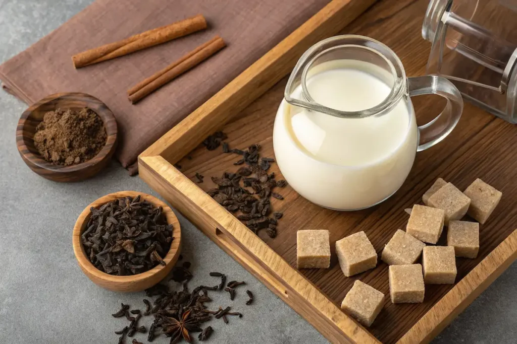 Assam Tea with Milk: A Strong and Creamy Tradition from My Grandmother’s Kitchen 6 assam tea with milk ingredients on wooden tray
