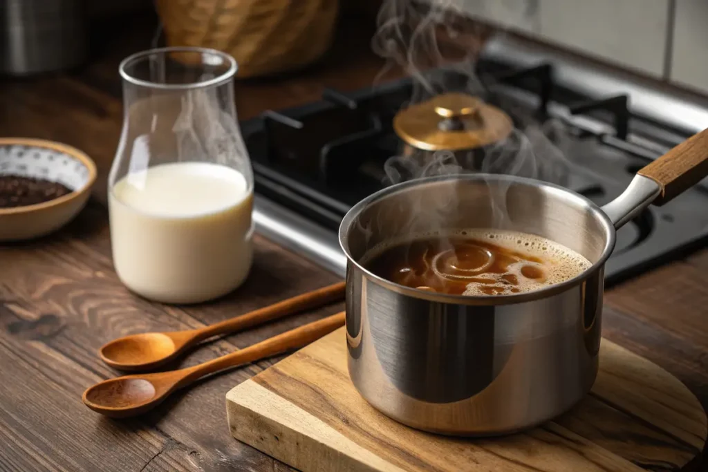 Assam Tea with Milk: A Strong and Creamy Tradition from My Grandmother’s Kitchen 7 simmering assam tea with milk on stovetop