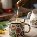 Black tea honey milk with honey drizzle in floral mug