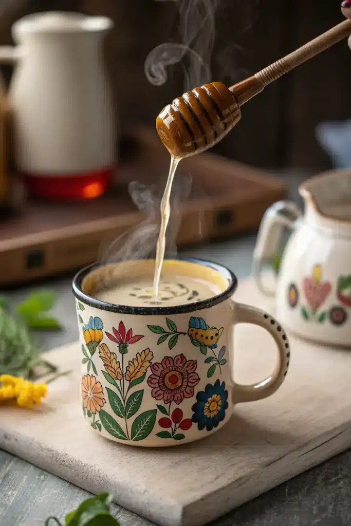 Black tea honey milk with honey drizzle in floral mug