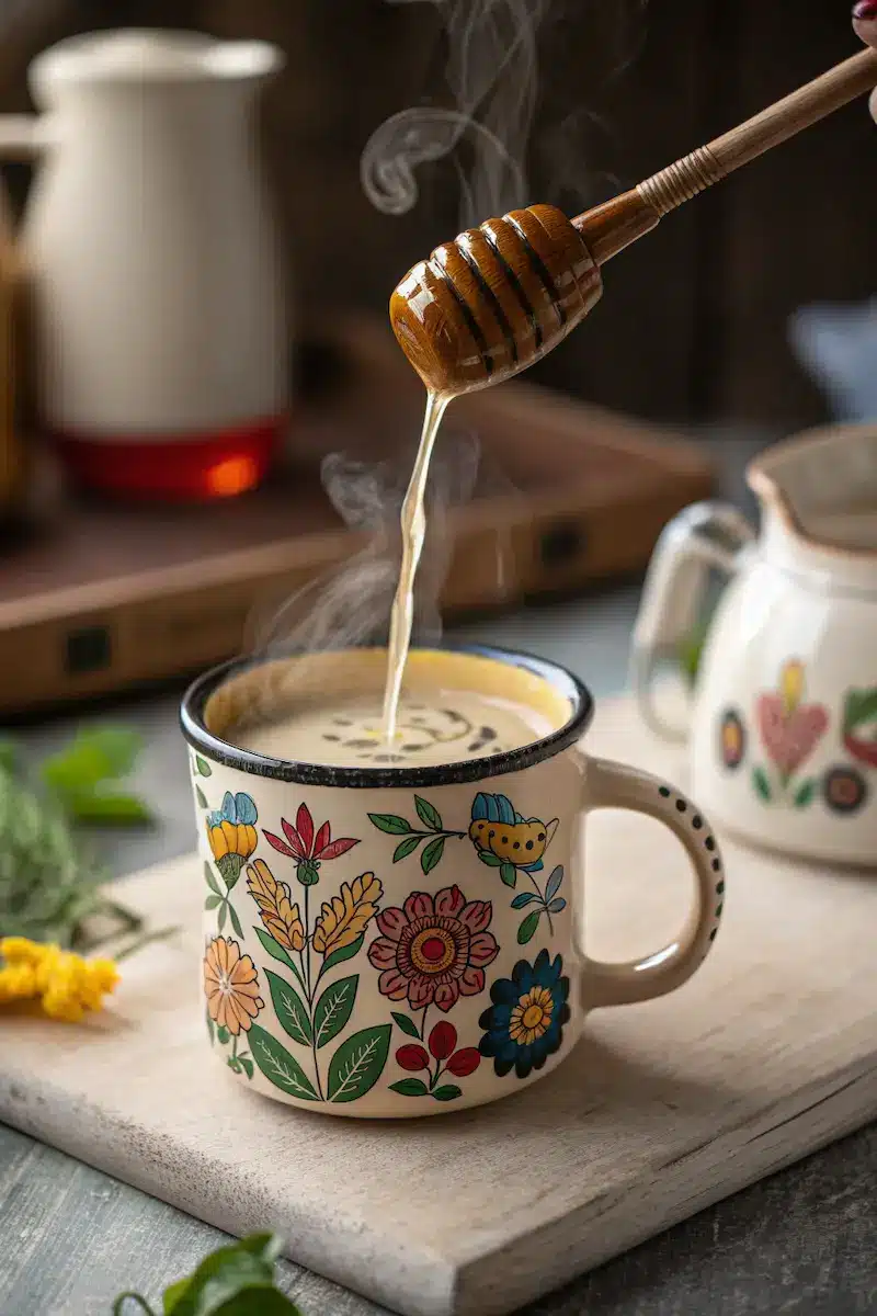 Black tea honey milk with honey drizzle in floral mug