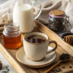 Black tea milk and honey in rustic setting