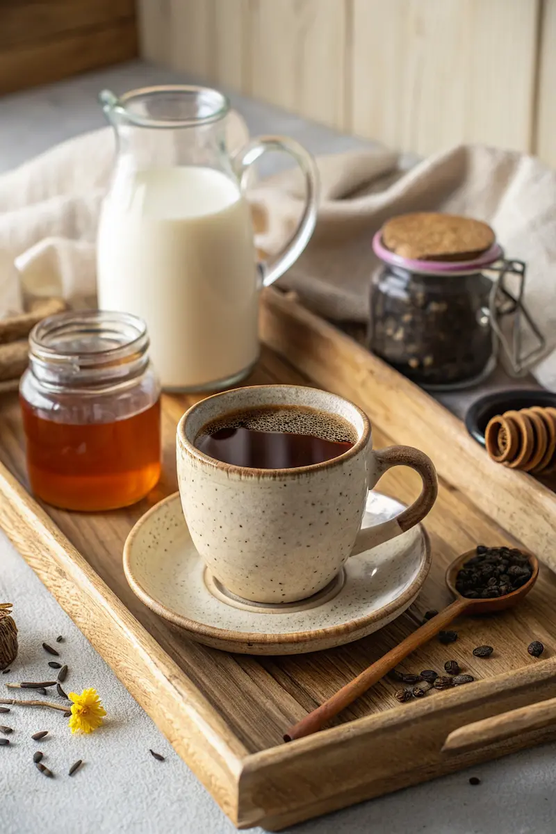 Black tea milk and honey in rustic setting