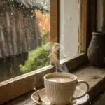 assam tea with milk near window on rainy day