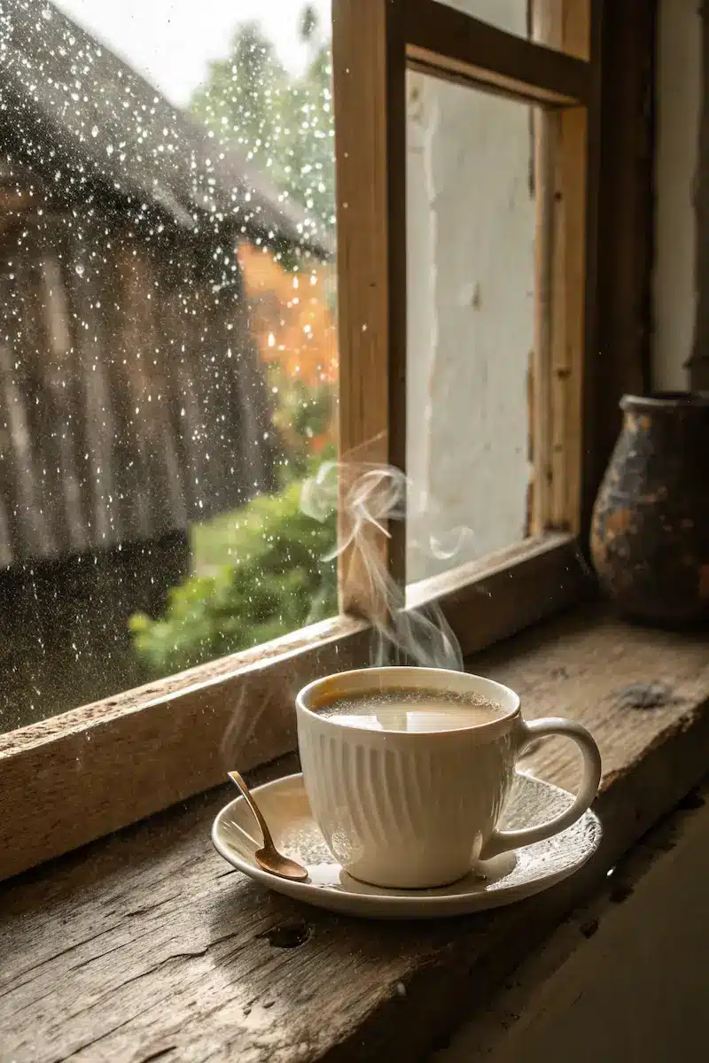 assam tea with milk near window on rainy day