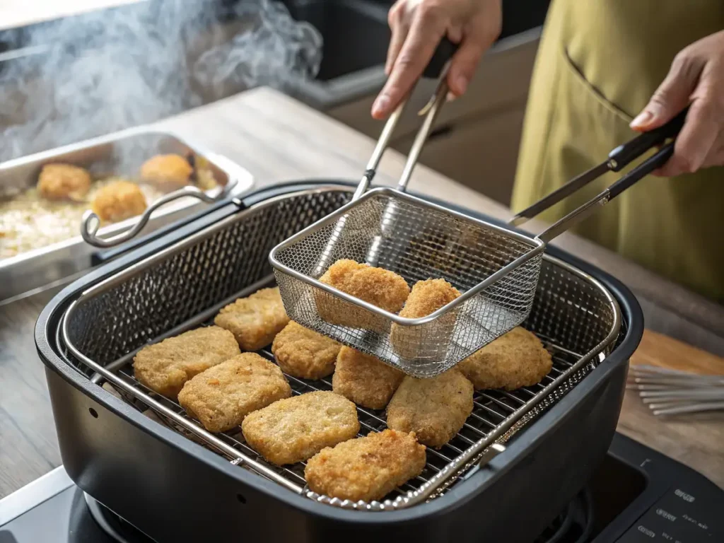Air Fryer Catfish Nuggets: Crispy, Juicy, and Easy Every Time 6 Deep frying catfish nuggets in hot oil using a wire basket