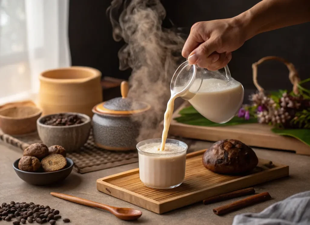 making taro milk tea with fresh mashed taro and milk