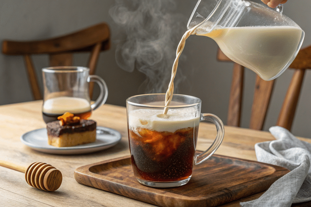 The Perfect Trio: Crafting Your Own Black Tea Milk and Honey 6 Pouring milk into black tea with honey