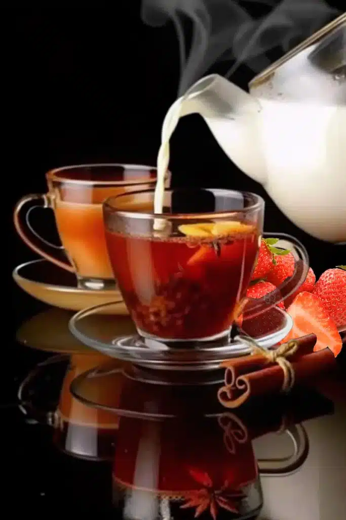 Hot strawberry milk tea with cinnamon and fresh strawberries