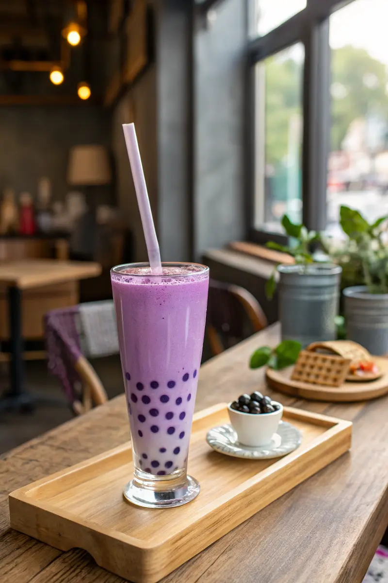 Taro milk tea in a tall glass with tapioca pearls