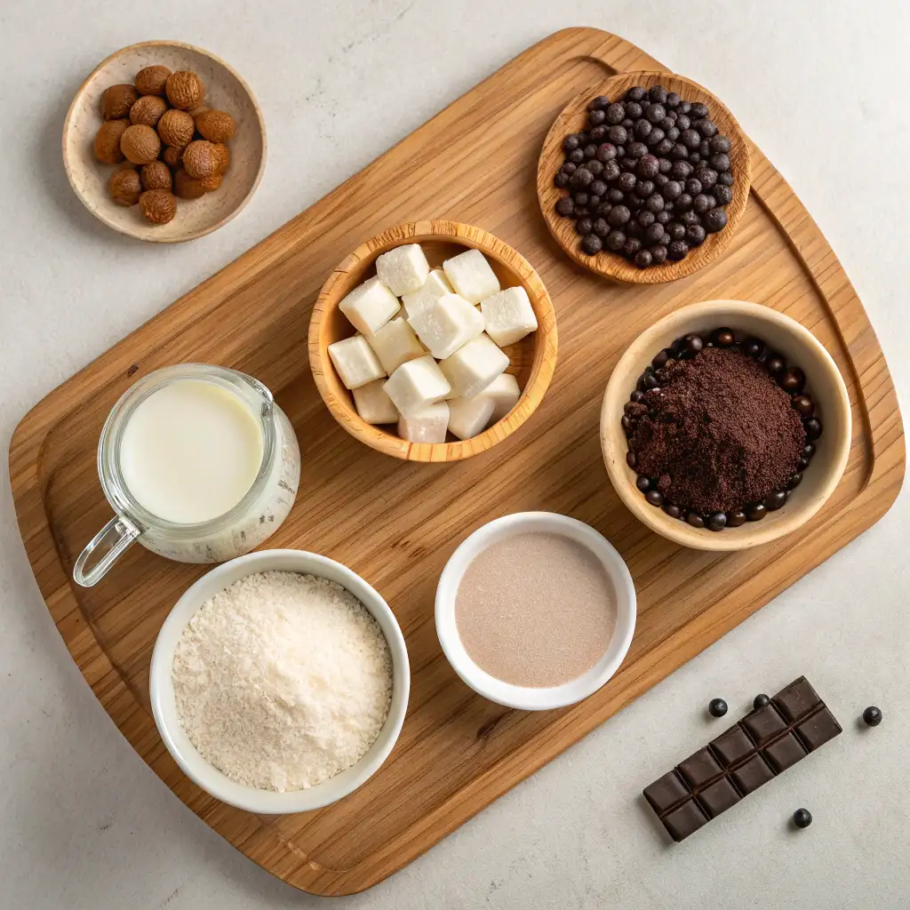 taro milk tea ingredients laid on wooden board